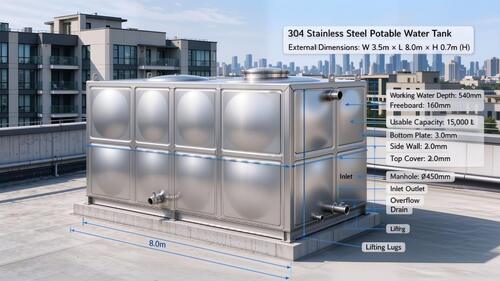 Aktueller Firmenfall über 15,000L 304 Stainless Steel Potable Water Tank for Commercial Apartment Rooftop Water Supply