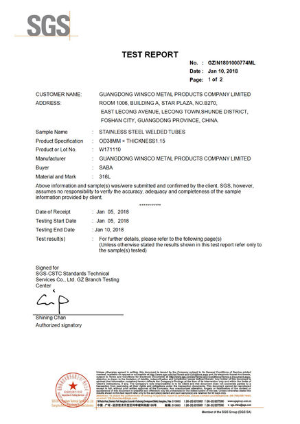 China (GuangDong)Foshan Winsco Metal Products Co., Ltd. zertifizierungen