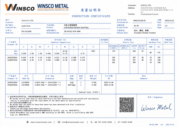 China (GuangDong)Foshan Winsco Metal Products Co., Ltd. zertifizierungen