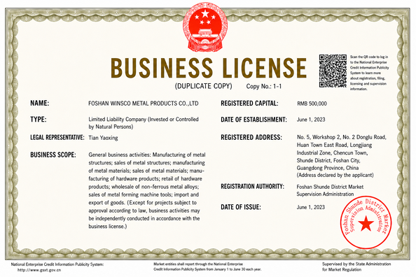 China (GuangDong)Foshan Winsco Metal Products Co., Ltd. zertifizierungen